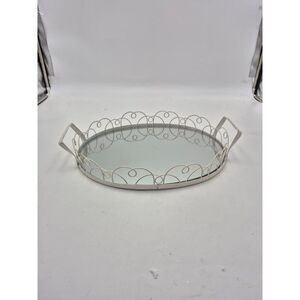 Temptations Oval Silver Scalloped Mirrored Vanity Decorative Serving Handle Tray